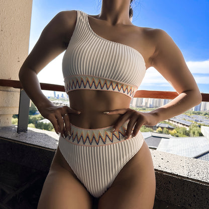 Sexy One-shoulder Bikini With Striped Pleated