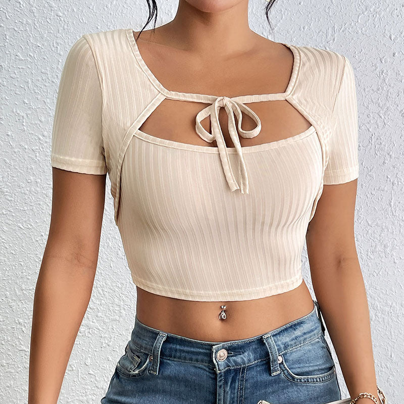 Stripe Rib Lace-up Square Collar Top