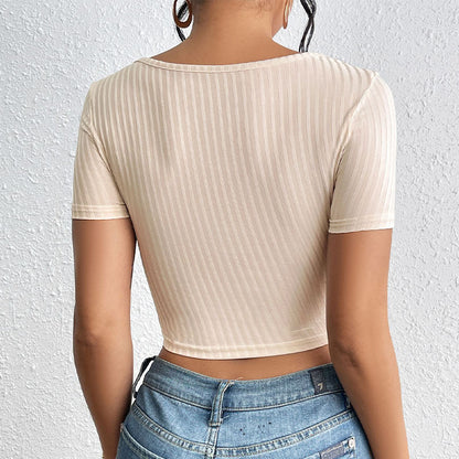 Stripe Rib Lace-up Square Collar Top