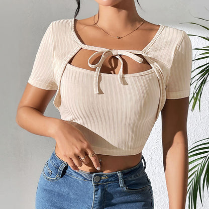 Stripe Rib Lace-up Square Collar Top