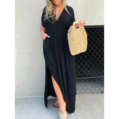 Bat-sleeved V-neck Slit Dress