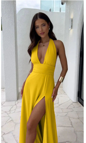 Halterneck V-neck Slit Summer Dress